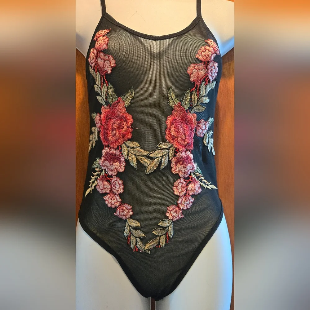 Free People Floral Embroidered Black Bodysuit SzXL/M - Picture 4 of 7
